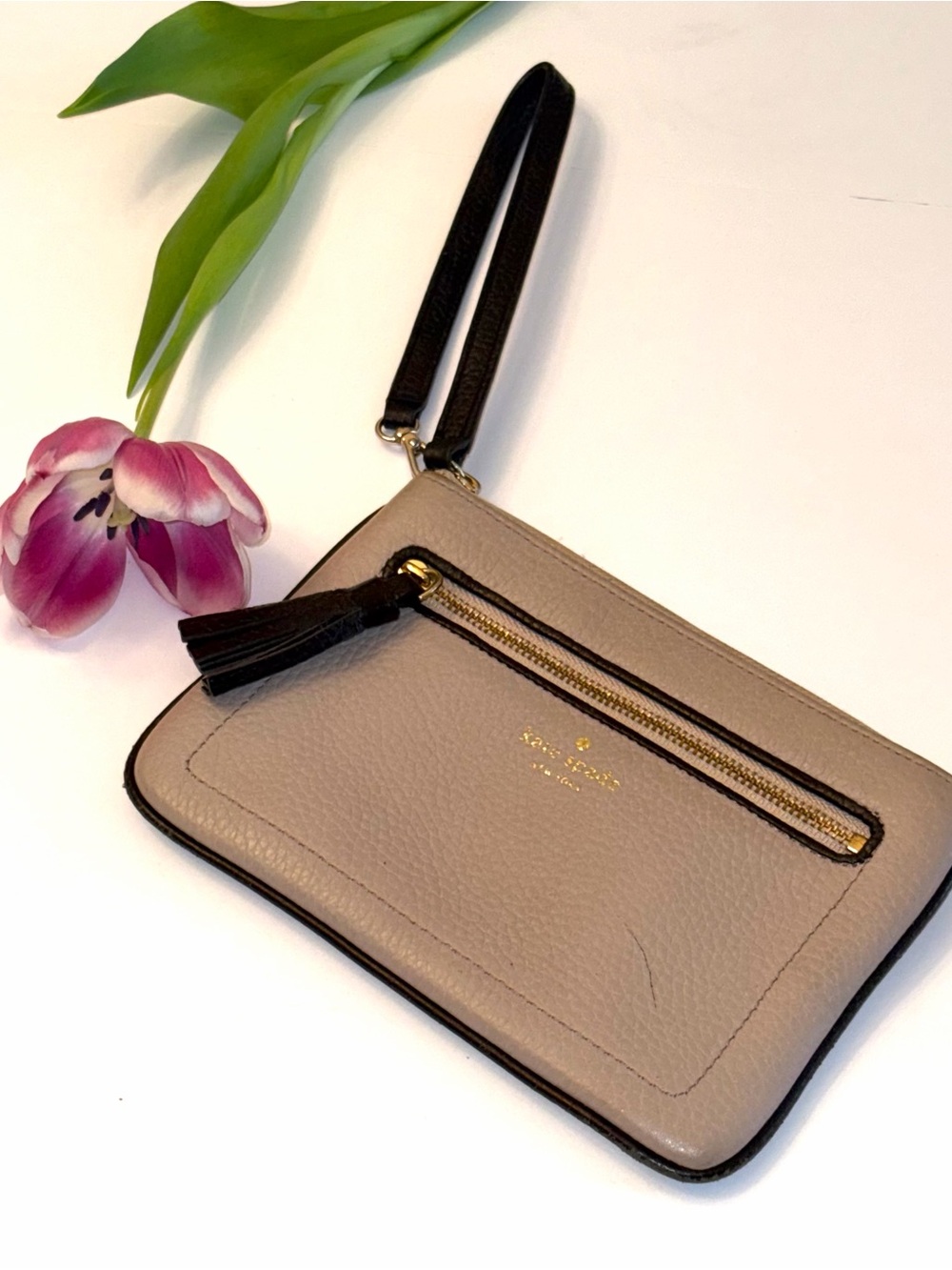 kate spade Beige and Black Leather Wristlet with Tassel